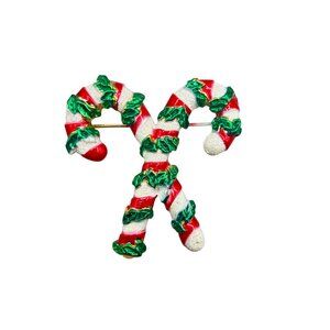 Double Candy Cane Holiday Christmas Brooch Pin Vintage with Green Leaf Accents